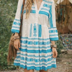Boho Hippy Blue and White Patterned Women's Dress